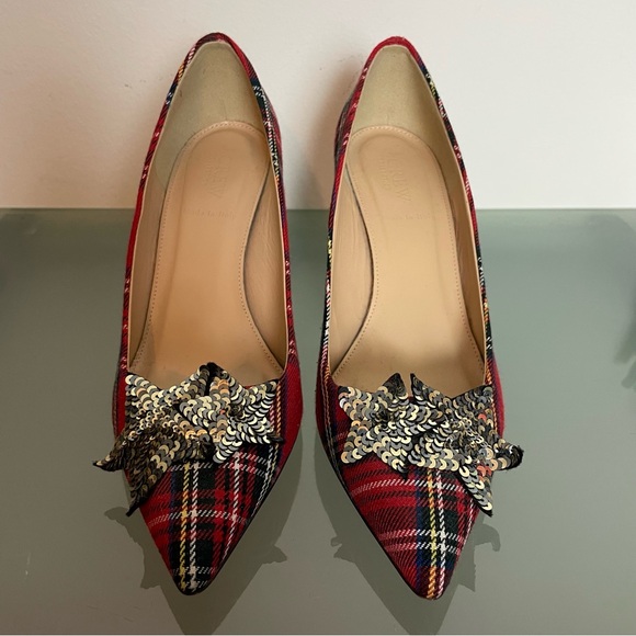 J. CREW Lucie Tartan Plaid Star Sequin Glitter Holiday Pumps Heels \\ 7 - Picture 3 of 13